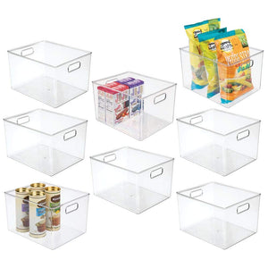 mDesign Plastic Storage Organizer Container Bins Holders with Handles - for Kitchen, Pantry, Cabinet, Fridge/Freezer - Large for Organizing Snacks, Produce, Vegetables, Pasta Food, 8 Pack - Clear