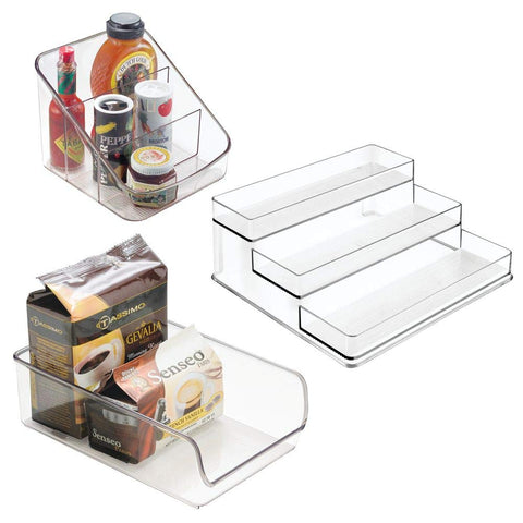 mDesign Plastic Kitchen Storage Organizer Bin Combo for Pantry, Cabinet, Refrigerator, Freezer - Separated and Holds Spices, Pasta, Seasoning Packets, Sauces, Snacks - Set of 3 - Clear