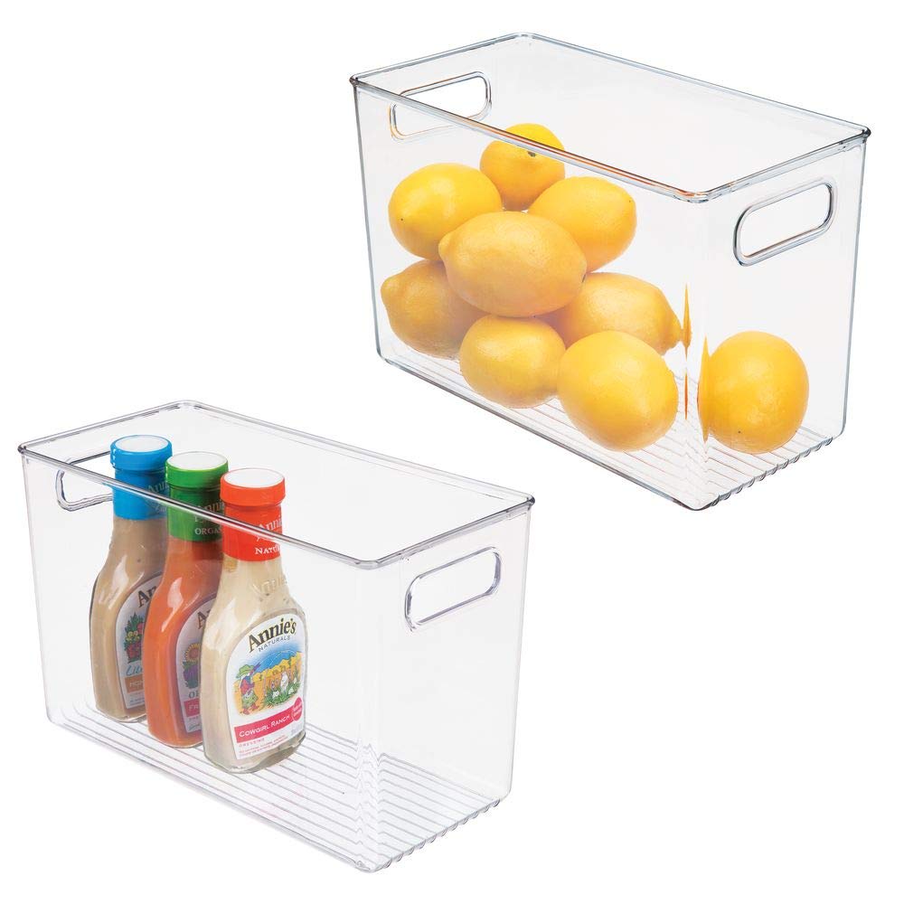 mDesign Plastic Food Storage Container Bin with Handles - for Kitchen, Pantry, Cabinet, Fridge/Freezer - Narrow for Snacks, Produce, Vegetables, Pasta - BPA Free, Food Safe - 2 Pack - Clear