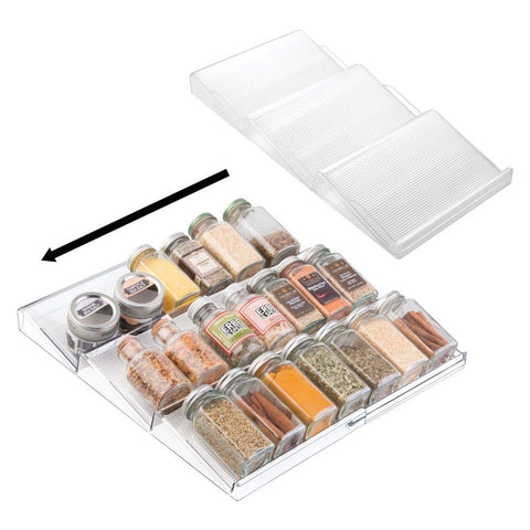 mDesign Adjustable, Expandable Plastic Spice Rack, Drawer Organizer for Kitchen Cabinet Drawers - 3 Slanted Tiers for Garlic, Salt, Pepper Spice Jars, Seasonings, Vitamins, Supplements, 2 Pack - Clear