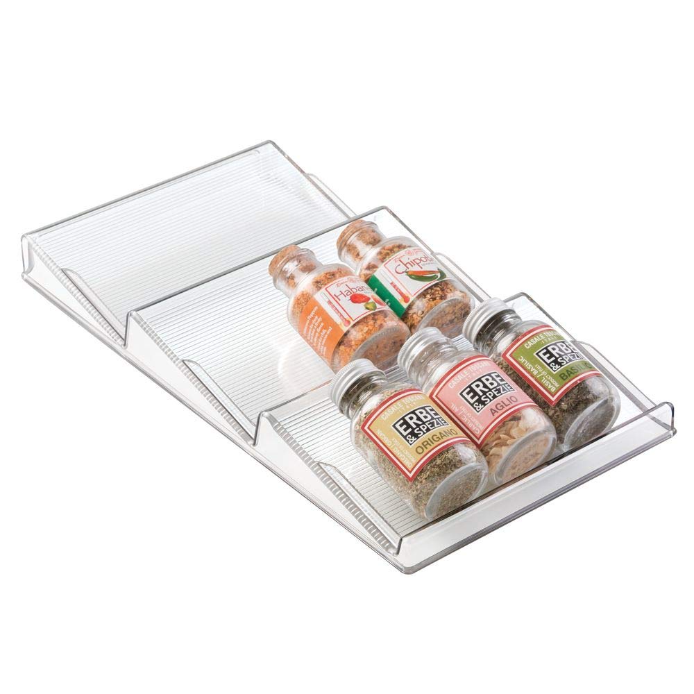 mDesign Plastic Spice Rack, Drawer Organizer for Kitchen Cabinet Drawers - 3 Slanted Tiers - for Garlic, Salt, Pepper Spice Jars, Seasonings, Vitamins, Supplements - Clear