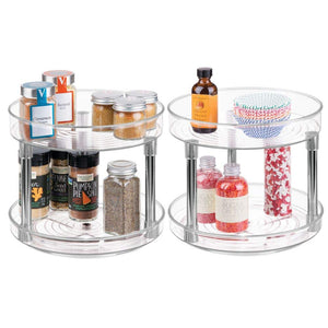 mDesign 2 Tier Lazy Susan Turntable Food Storage Container for Cabinets, Pantry, Fridge, Countertops - Spinning Organizer for Spices, Condiments - 9" Round, 2 Pack - Clear/Chrome