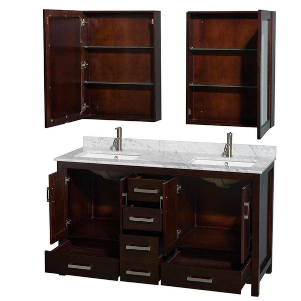 Online shopping wyndham collection sheffield 60 inch double bathroom vanity in espresso white carrera marble countertop undermount square sinks and medicine cabinets