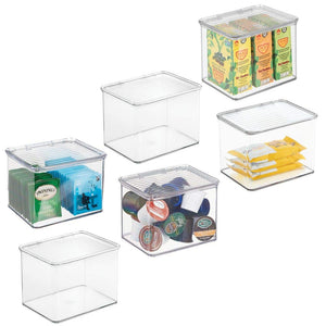 mDesign Plastic Stackable Kitchen Pantry Cabinet or Refrigerator Food Storage Container Bin, Attached Hinged Lid - Organizer for Snacks, Produce, Pasta - BPA Free - Deep Container - 6 Pack - Clear