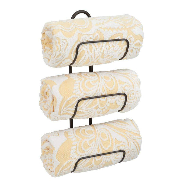 Discover the best mdesign modern decorative metal 3 level wall mount towel rack holder and organizer for storage of bathroom towels washcloths hand towels 2 pack bronze