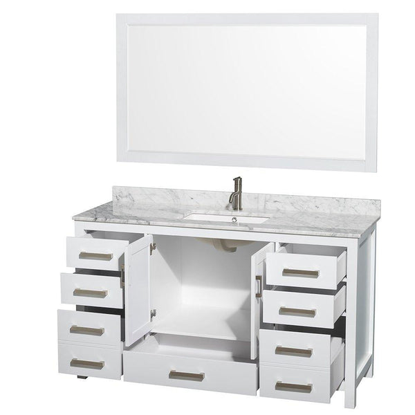 Selection wyndham collection sheffield 60 inch single bathroom vanity in white white carrera marble countertop undermount square sink and 58 inch mirror
