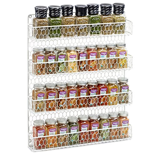 1790 Rustic Chicken Wire Spice Rack - Hanging Spice Rack - 4 Tiers (White)