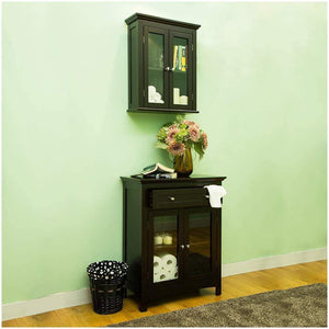 Buy glitzhome wooden furniture wall storage accent cabinet with double glass doors for bathroom bedroom kitchen living room espresso