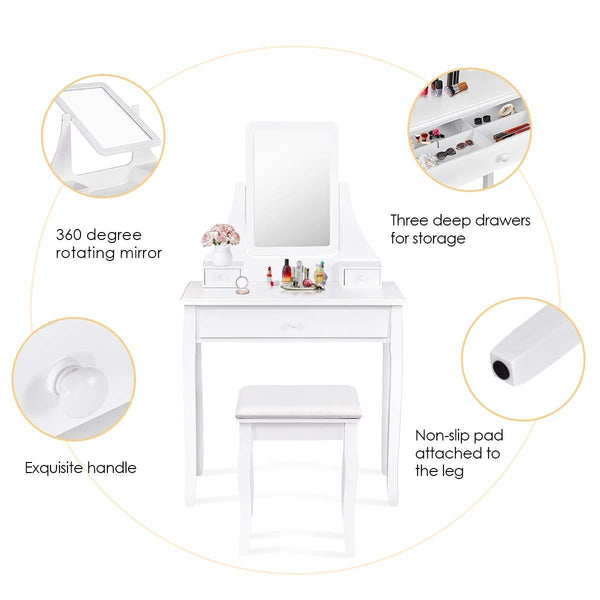 Discover the giantex bathroom vanity dressing table set 360 rotate mirror pine wood legs padded stool dressing table girls make up vanity set w stool rectangle mirror 3 drawers white