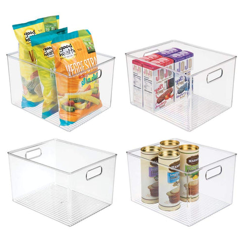 mDesign Plastic Storage Organizer Container Bins Holders with Handles - for Kitchen, Pantry, Cabinet, Fridge/Freezer - Large for Organizing Snacks, Produce, Vegetables, Pasta Food - 4 Pack - Clear