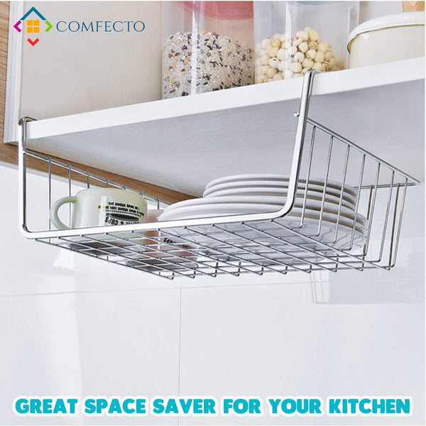 4pcs 15.8" Under Shelf Basket Storage Wire Rack Organizer for Cabinet Thickness Max 1.2 inch, Extra Storage Space on Kitchen Counter Pantry Desk Bookshelf Cupboard, Anti Rust Stainless Steel Rack