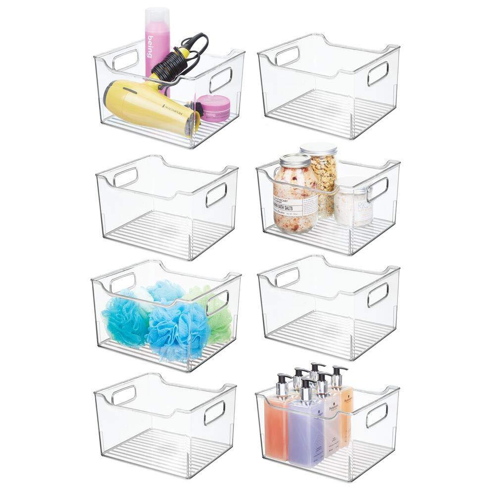 Explore mdesign plastic bathroom vanity storage bin box with handles deep organizer for hand soap body wash shampoo lotion conditioner hand towel hair brush mouthwash 10 long 8 pack clear