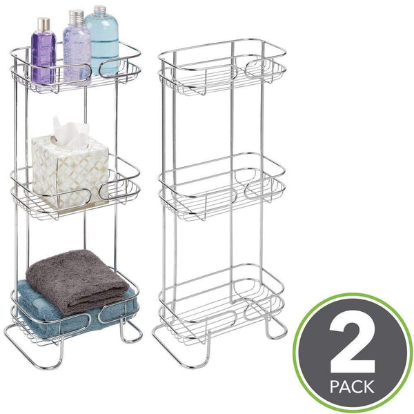 Discover the mdesign rectangular metal bathroom shelf unit free standing vertical storage for organizing and storing hand towels body lotion facial tissues bath salts 3 shelves 2 pack chrome