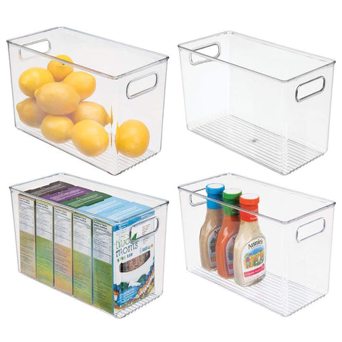 mDesign Plastic Food Storage Container Bin with Handles - for Kitchen, Pantry, Cabinet, Fridge/Freezer - Narrow for Snacks, Produce, Vegetables, Pasta - BPA Free, Food Safe - 4 Pack, Clear