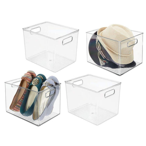 Results mdesign plastic home storage basket bin with handles for organizing closets shelves and cabinets in bedrooms bathrooms entryways and hallways 4 pack clear