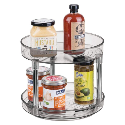 mDesign 2 Tier Lazy Susan Turntable Food Storage Container for Cabinets, Pantry, Fridge, Countertops - Spinning Organizer for Spices, Condiments - 9" Round - Smoke Gray/Chrome