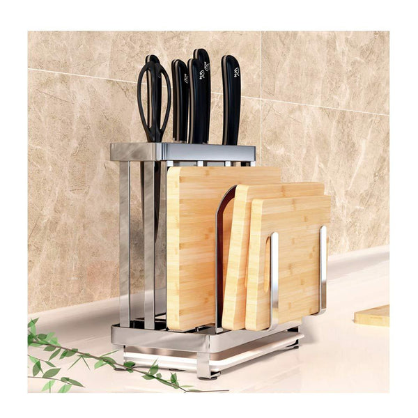 Multifunctional Cutting Board and knife Holder, Stainless Steel Organizer with Anti Slippery Mat and Bottom Removable Water Tray,Kitchen Utensils Storage Drying Drainer Rack, for Knives,Pot Cover,Fork