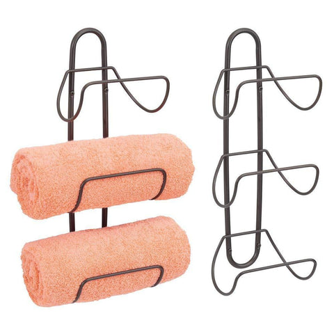 Cheap mdesign modern decorative metal 3 level wall mount towel rack holder and organizer for storage of bathroom towels washcloths hand towels 2 pack bronze