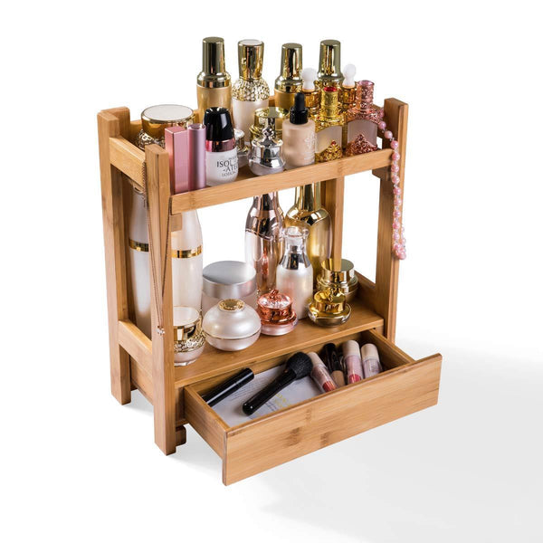 Shop for pelyn makeup organizer cosmetic storage vanity shelf display stand rack with drawer ideal for bathroom sink countertop dresser natural bamboo