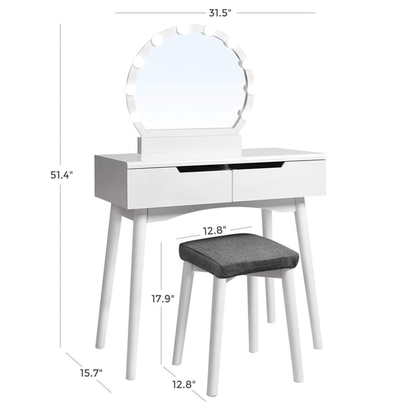 Storage vasagle vanity table set with 10 light bulbs and touch switch dressing makeup table desk with large round mirror 2 sliding drawers 1 cushioned stool for bedroom bathroom white urdt11wl