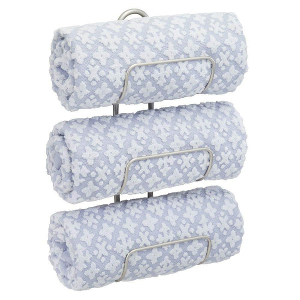 Purchase mdesign modern decorative metal 3 level wall mount towel rack holder and organizer for storage of bathroom towels washcloths hand towels 2 pack satin