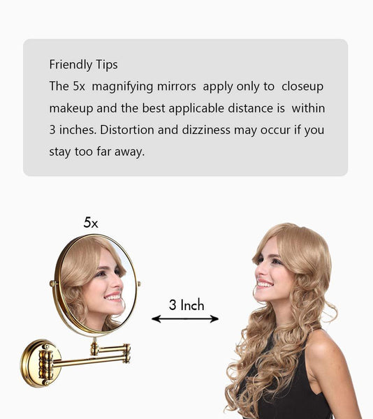 Exclusive makeup mirror wall mount 8 inch dual side with 1x 5x magnification bathroom magnifying mirror two side 360 swivel cosmetic face mirror extendable vanity mirrors luxury brass gold marmolux acc