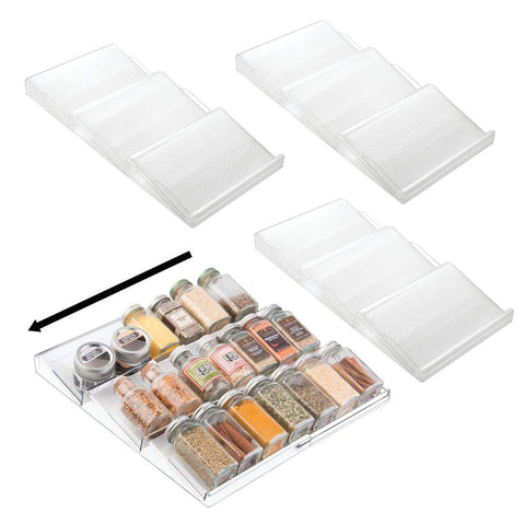 mDesign Adjustable, Expandable Plastic Spice Rack, Drawer Organizer for Kitchen Cabinet Drawers - 3 Slanted Tiers for Garlic, Salt, Pepper Spice Jars, Seasonings, Vitamins, Supplements, 4 Pack - Clear