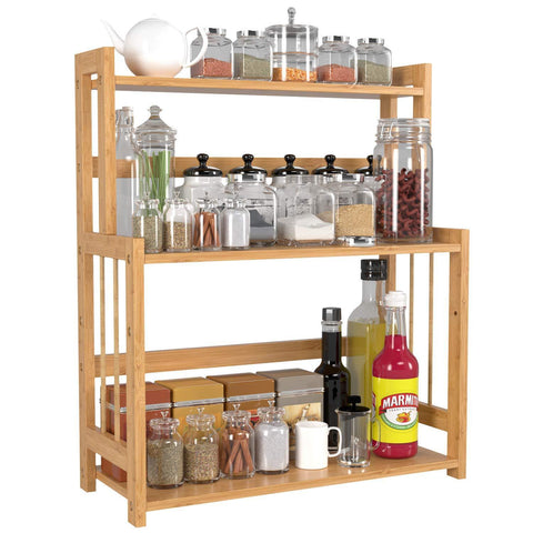 Top rated homecho bamboo spice rack bottle jars holder countertop storage organizer free standing with 3 tier adjustable slim shelf for kitchen bathroom bedroom hmc ba 004