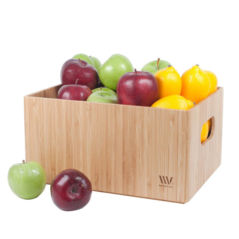 Bamboo Storage Box Multi-Purpose Organizer for Kitchen Supplies Holder, Fruit Bin, Cabinets, Pantry with built in handles, stackable, 12” x 9” x 6”