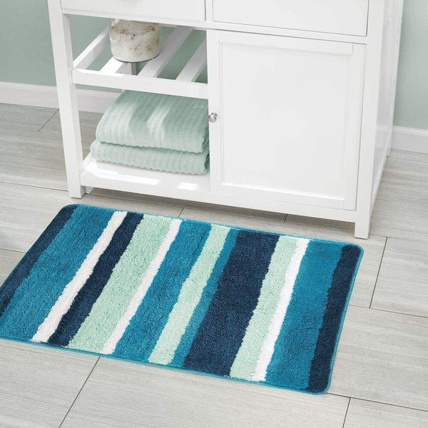 Best seller  mdesign soft microfiber polyester spa rugs for bathroom vanity tub shower water absorbent machine washable plush non slip rectangular accent rug mat striped design set of 3 sizes teal blue