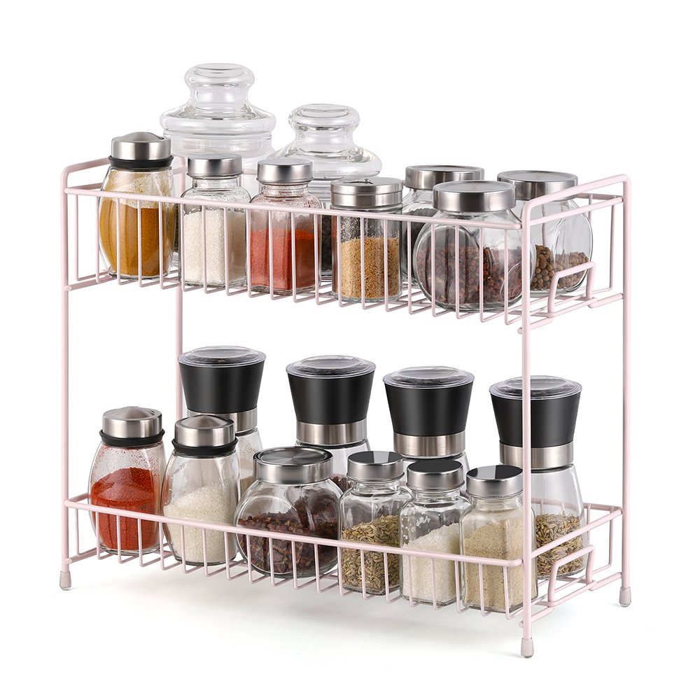 NEX 2-Tier Standing Rack Jars Bottle Spice Rack Countertop Storage Organizer for Kitchen Bathroom Home Pink (NX-DB046D)
