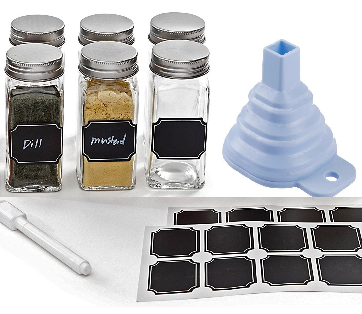 Set of 6 - Square Glass Spice Jars with Shaker Tops, Chalkboard Labels & Pen, Funnel and Airtight Silver Metal Lids, 4 Ounce Capacity, By Premium Vials (6)