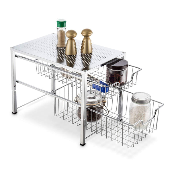 Kitchen bextsware under sink cabinet organizer with 2 tier wire grid sliding drawer multi function stackable mesh storage organizer for kitchen counter desktop bathroomchrome