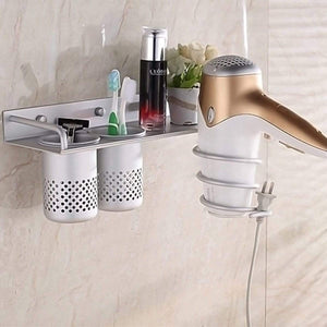 On amazon multifunctional bathroom organizer storage wall mount toothbrush holder and hair dryer holder bathroom wall shelf with storage cup for blow dryer flat iron curling wand straightener a