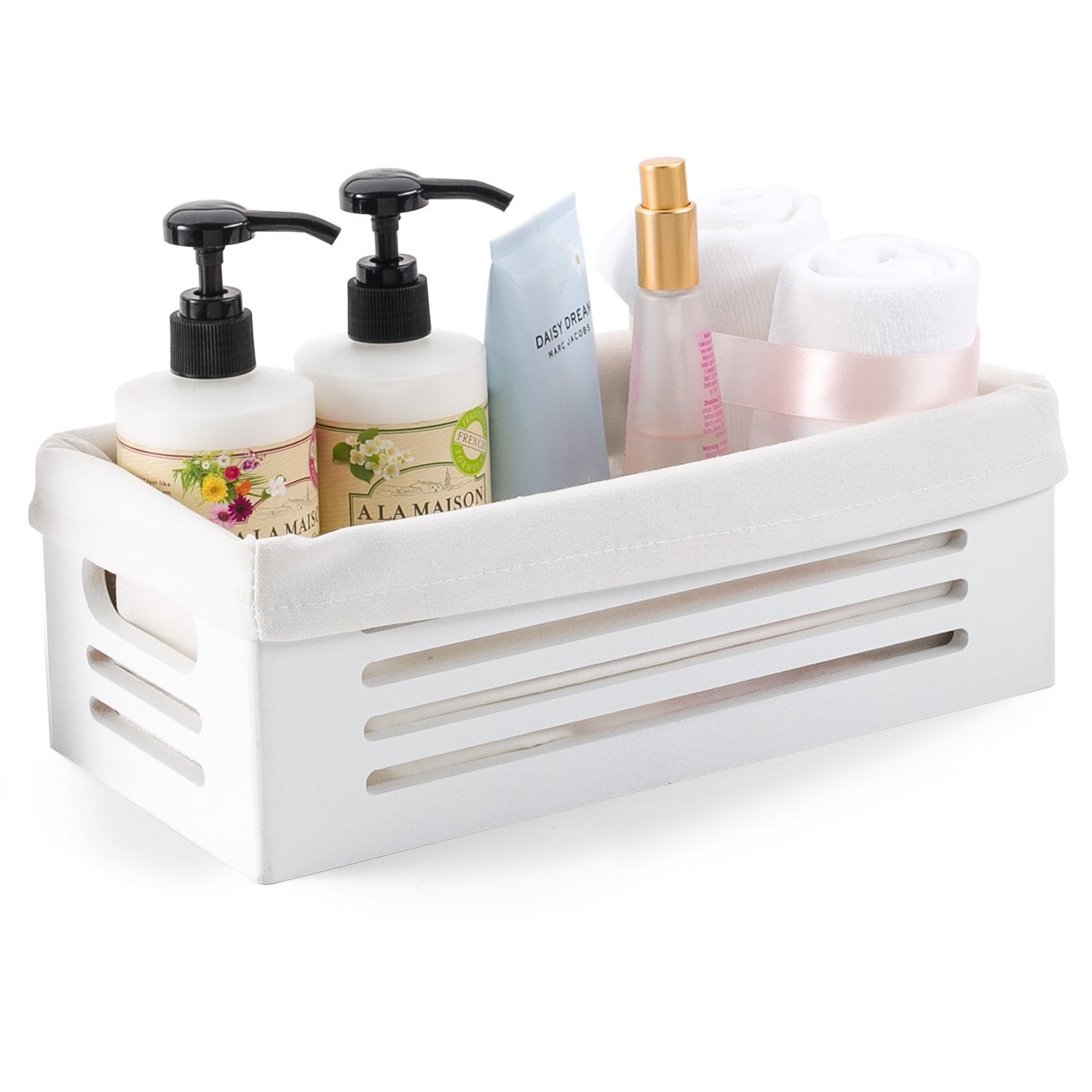 Wooden Storage Bin Container - Decorative Closet, Cabinet and Shelf Basket Organizer Lined with Machine Washable Soft Linen Fabric - White, Extra Small