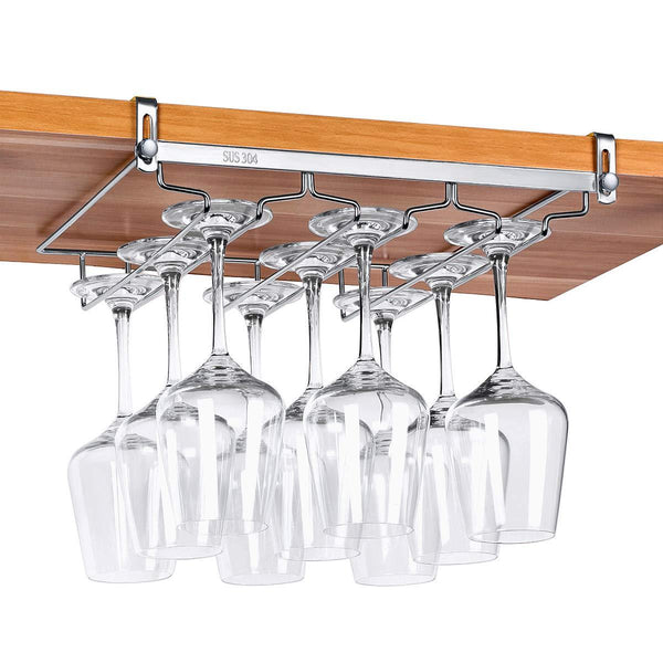 VOBAGA Stemware Racks 3 Rows Adjustable Stainless Steel Wine Glass Rack Stemware Hanger Bar Home Cup Glass Holder Dinnerware Kitchen Dining,Hold 9 Glasses