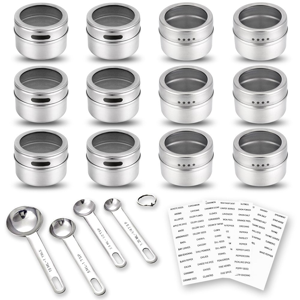 12 Magnetic Spice Tins, 117 PVC Spice Labels, 4 Stainless Steel Measuring Spoons and Recipes E-book by Sanquility. Round Storage Spice Jars Set of 12, Clear Top Lid with Sift or Pour