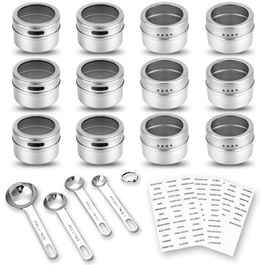 12 Magnetic Spice Tins, 117 PVC Spice Labels, 4 Stainless Steel Measuring Spoons and Recipes E-book by Sanquility. Round Storage Spice Jars Set of 12, Clear Top Lid with Sift or Pour