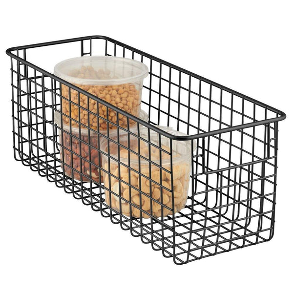 Kitchen mdesign farmhouse decor metal wire food storage organizer bin basket with handles for kitchen cabinets pantry bathroom laundry room closets garage 16 x 6 x 6 6 pack matte black
