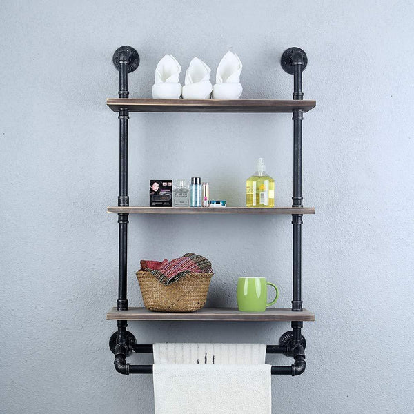 Selection industrial bathroom shelves wall mounted with 2 towel bar 24in rustic pipe shelving 3 tiered wood shelf black farmhouse towel rack metal floating shelves towel holder iron distressed shelf over toilet