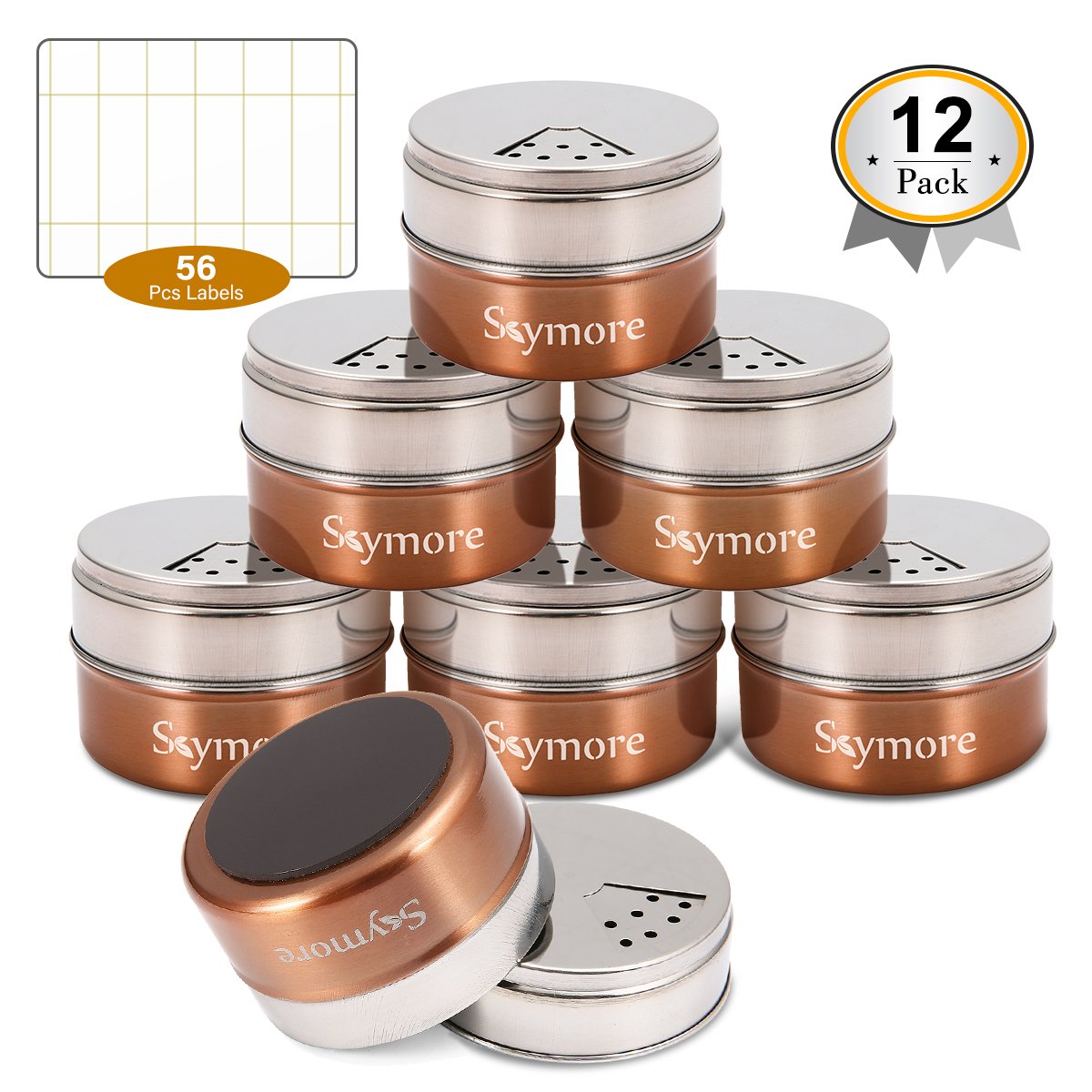 Skymore 12 Pcs Magnetic Spice Tins, Stainless Steel Jar, kitchen spice storage containers, Round Storage Containers with Top Lid with Sift or Pour,Stickers, Great for For Salt, Pepper or Seasoning