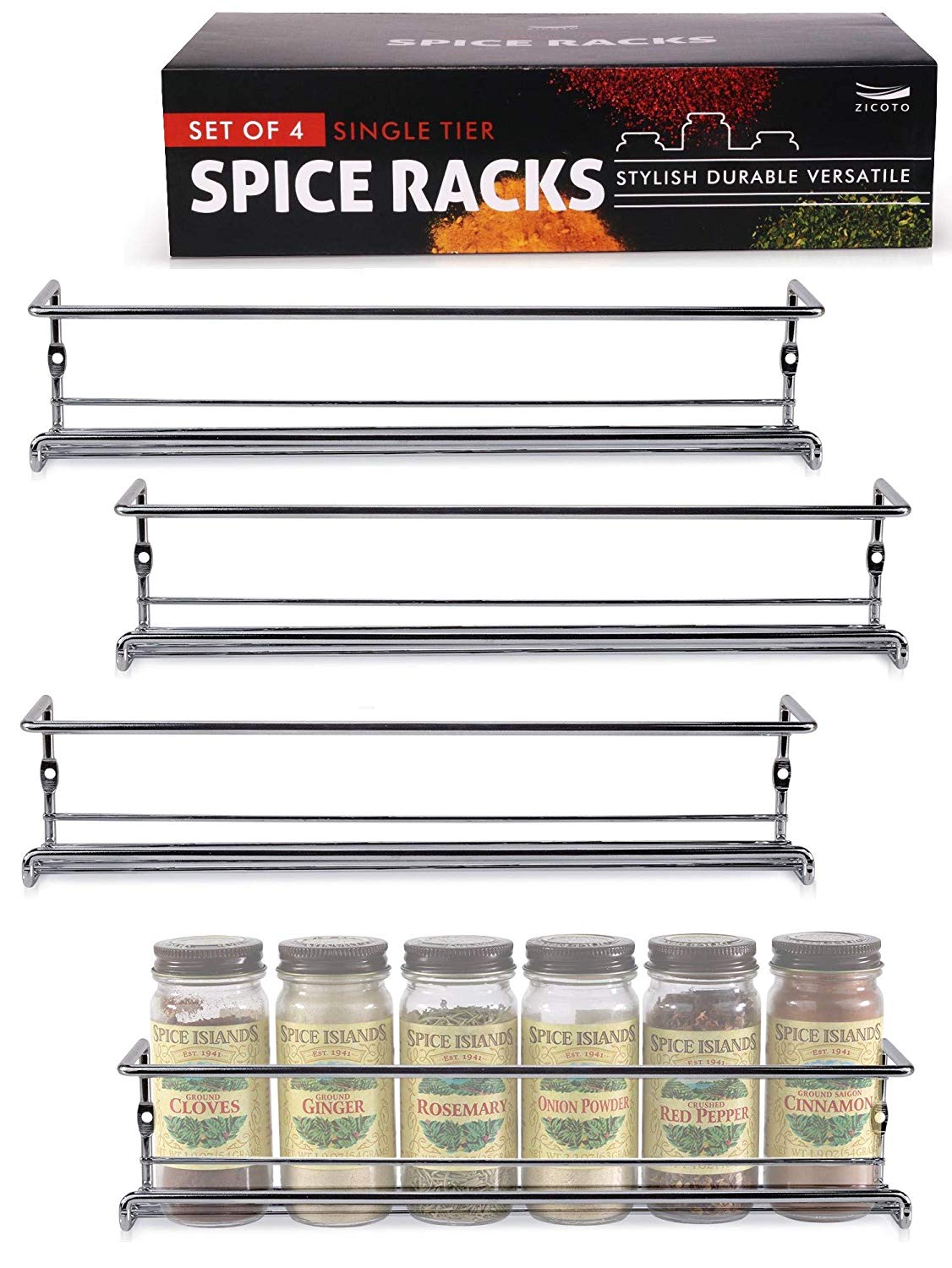 Gorgeous Spice Rack Organizer for Cabinets or Wall Mounts - Space Saving Set of 4 Hanging Racks - Perfect Seasoning Organizer For Your Kitchen Cabinet, Cupboard or Pantry Door