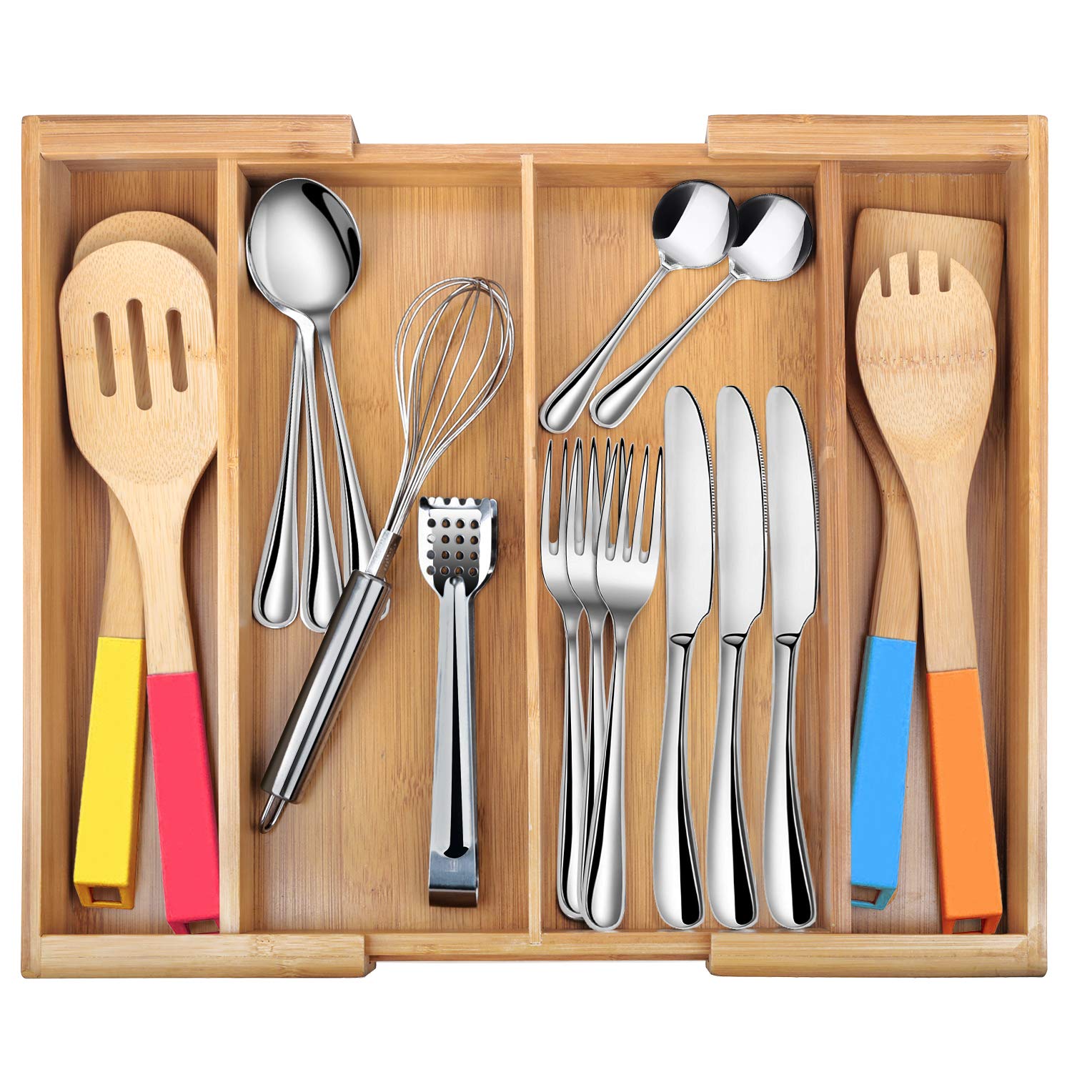 Drawer Dividers silverware tray Expandable Utensil Cutlery Tray Bamboo Wooden Adjustable 4 Compartments Flatware Organizer Kitchen Storage Holder for Knives Forks Spoons Accessories Gadgets