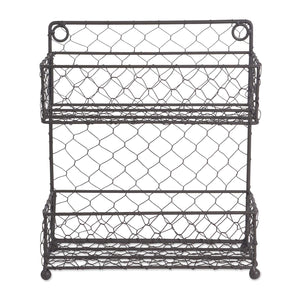 DII Z01921 2 Tier Vintage Spice Rack, 4.75" Shelf Depth, Mounted Chicken Wire Organizer for Kitchen Wall, Pantry, or Cabinet, Rustic Antique Finish, Small,