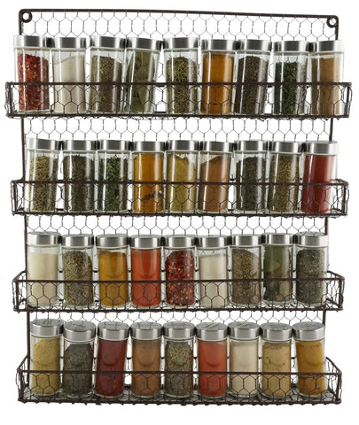 4 Tier Metal Spice Rack Wall Mount Kitchen Spices Organizer Pantry Cabinet Hanging Herbs Seasoning Jars Storage Closet Door Cupboard Mounted Holder Raw Rustic Brown