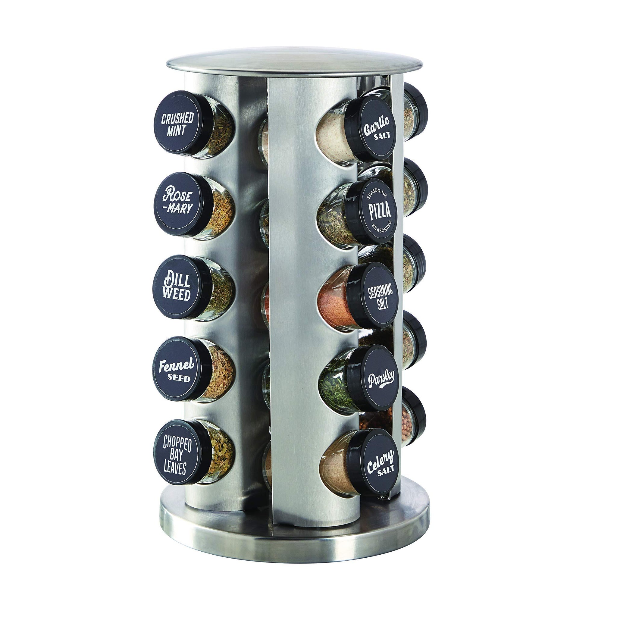 Kamenstein 5244684 Revolving 20-Jar Countertop Rack Tower Organizer with Black Caps and Free Spice Refills for 5 Years, Count, Silver