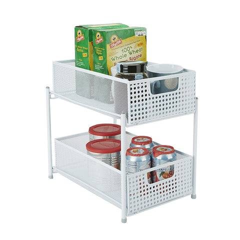 Mind Reader HCABASK2T-WHT 2 Tier Cabinet, Mesh Storage Baskets Organizer, Home, Office, Kitchen, Bathroom, White, One Size Heavy Duty