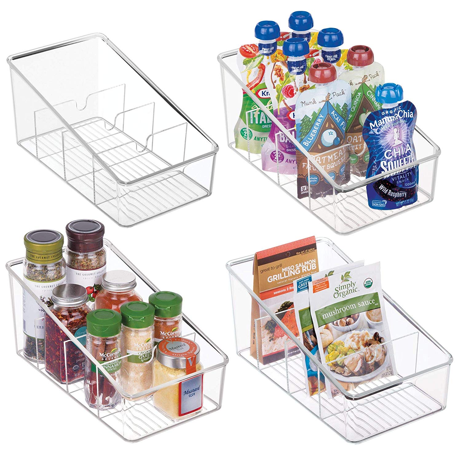 mDesign Plastic Food Packet Organizer Bin Caddy - Storage Station for Kitchen, Pantry, Cabinet, Countertop - Holds Spice Pouches, Dressing Mixes, Hot Chocolate, Tea, Sugar Packets - 4 Pack, Clear