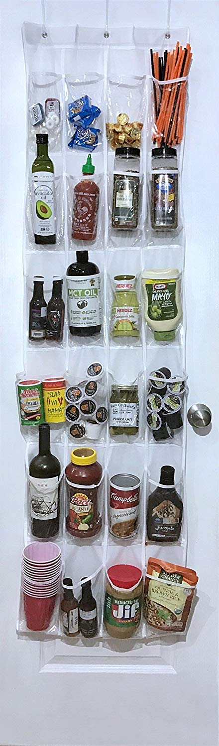 White Over the Door Pantry Organizer / Hanging Kitchen Storage Rack with 24 Clear Pockets by Our Simple Life