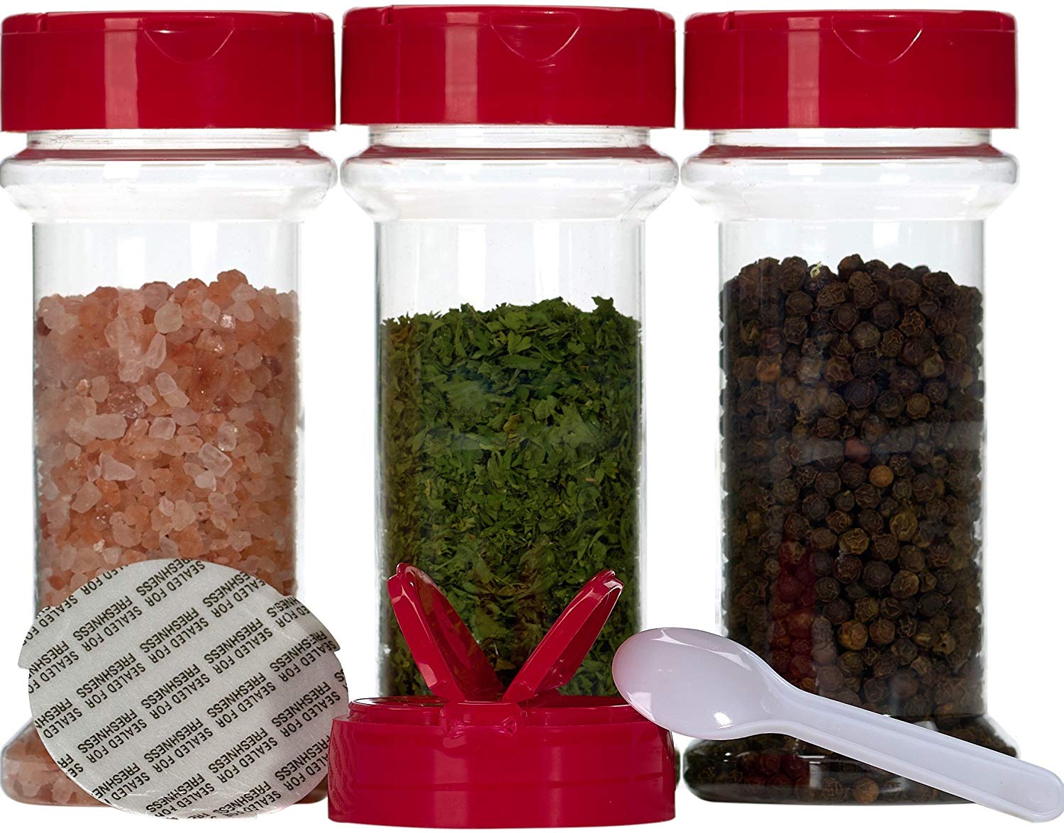 Spice Containers 10 sets - 7 oz. clear plastic pet spice jars storage container bottles with red sifter spoon caps - 10 bottles with caps - plus 2 mini spoons